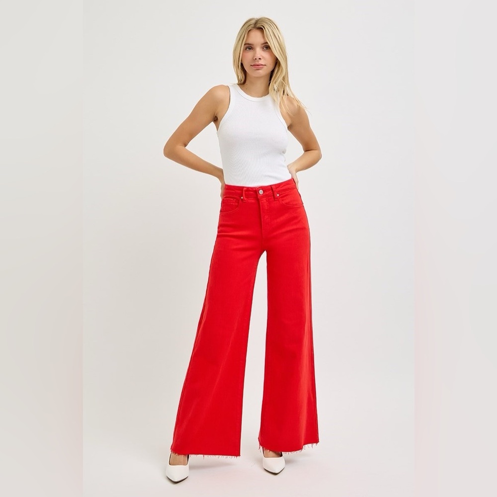 Tummy Control High Rise Wide Leg Palazzo Jeans with Raw Hem - Risen